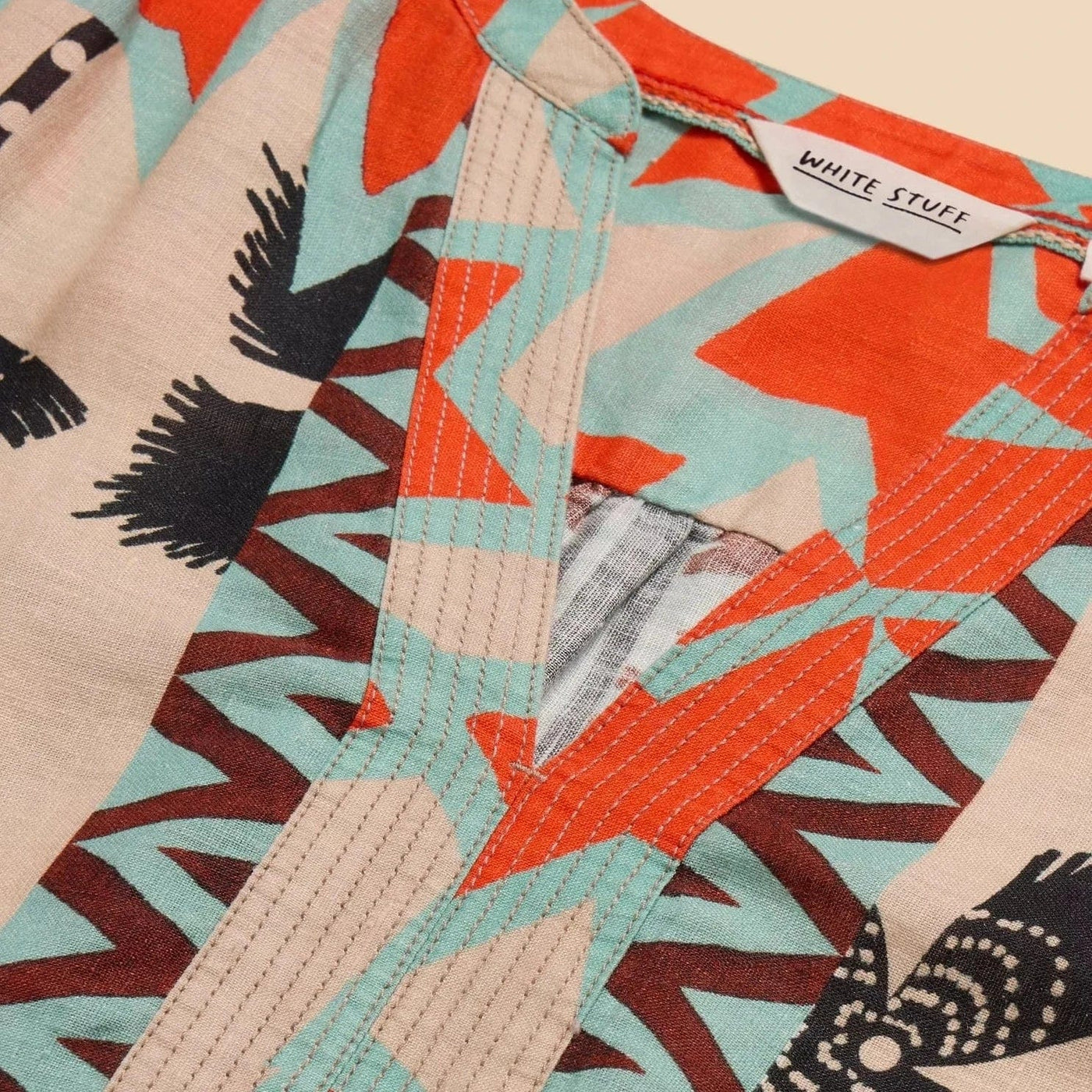 White Stuff June Linen Printed Notch Neck Dress in Natural Multi