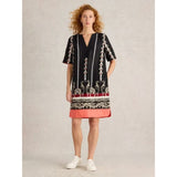 White Stuff June Linen Short Sleeve Dress In Black Print