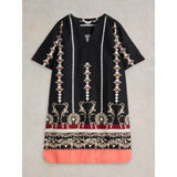 White Stuff June Linen Short Sleeve Dress In Black Print