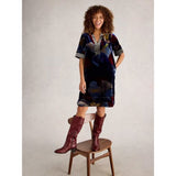 White Stuff June Velvet Dress In Navy Multi