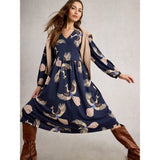 White Stuff Leah Notch Neck Jersey Dress In Navy Bird Print