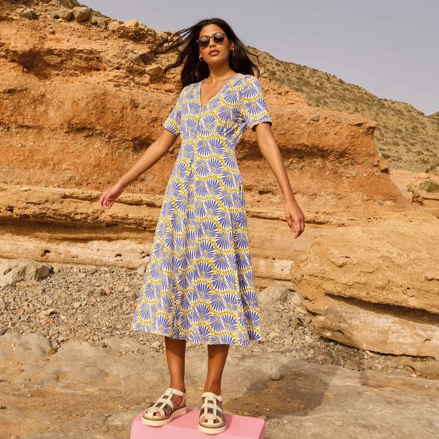 White Stuff Megan Midi Dress Jersey in Blue Print