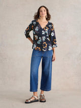 White Stuff Rae Organic Cotton Print Top in Navy
