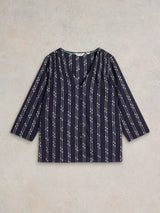 White Stuff Rae Organic Cotton Top in Navy Multi