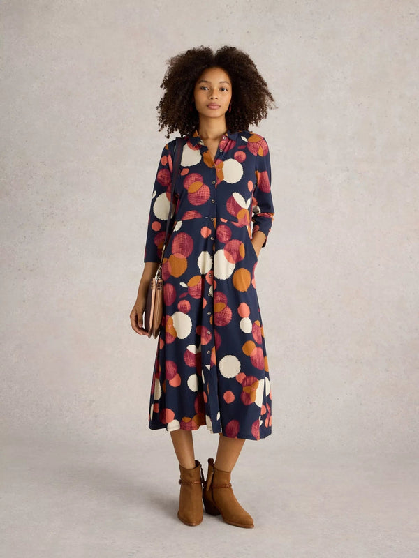 White Stuff Rua Jersey Shirt Dress in Navy Print