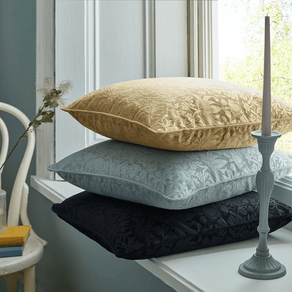 William Morris At Home Strawberry Thief Embossed Cushion In Prussian Blue